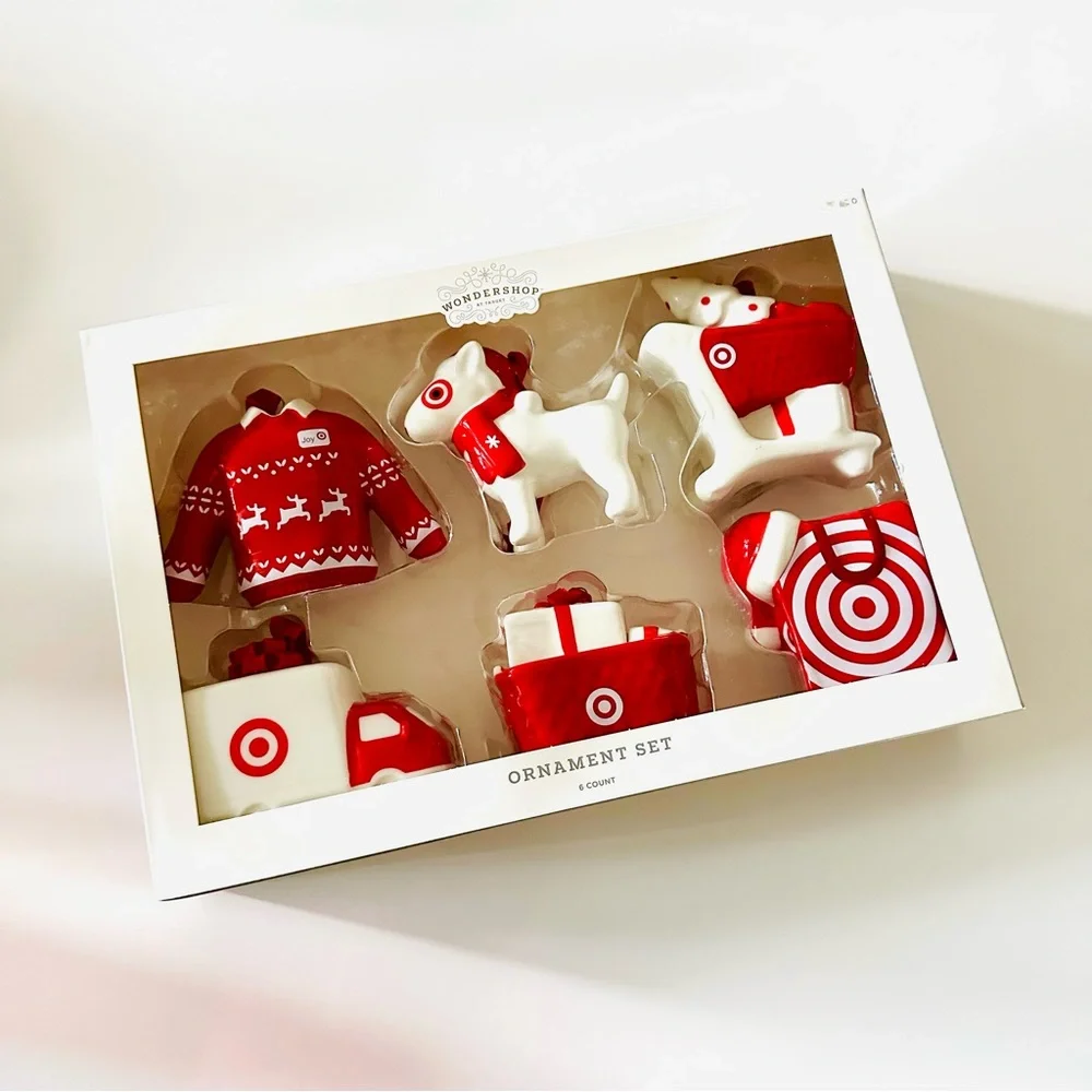 NWT 6pc Ceramic Target Christmas Tree Ornament Set Red/White - Wondershop